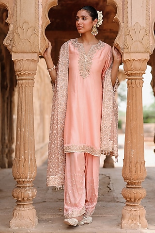 Pink Pure Silk Chanderi Kashmiri Tilla Embroidered Kurta Set by Sheetal Batra