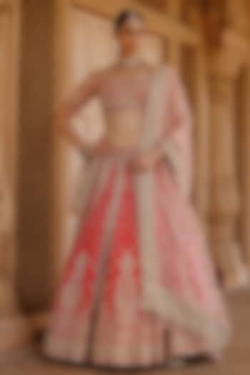 Hot Pink Pure Silk Chanderi Zardosi Embroidered Bridal Bridal Lehenga Set by Sheetal Batra at Pernia's Pop Up Shop