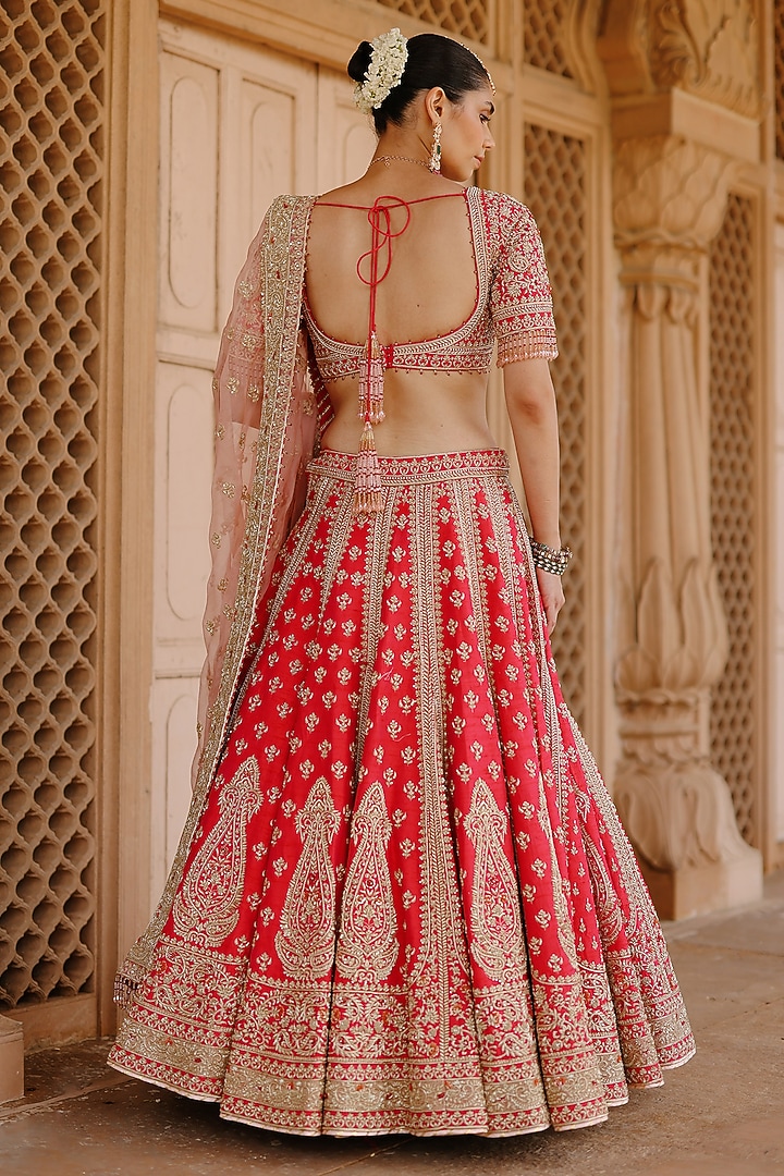 Hot Pink Pure Silk Chanderi Zardosi Embroidered Bridal Bridal Lehenga Set by Sheetal Batra at Pernia's Pop Up Shop