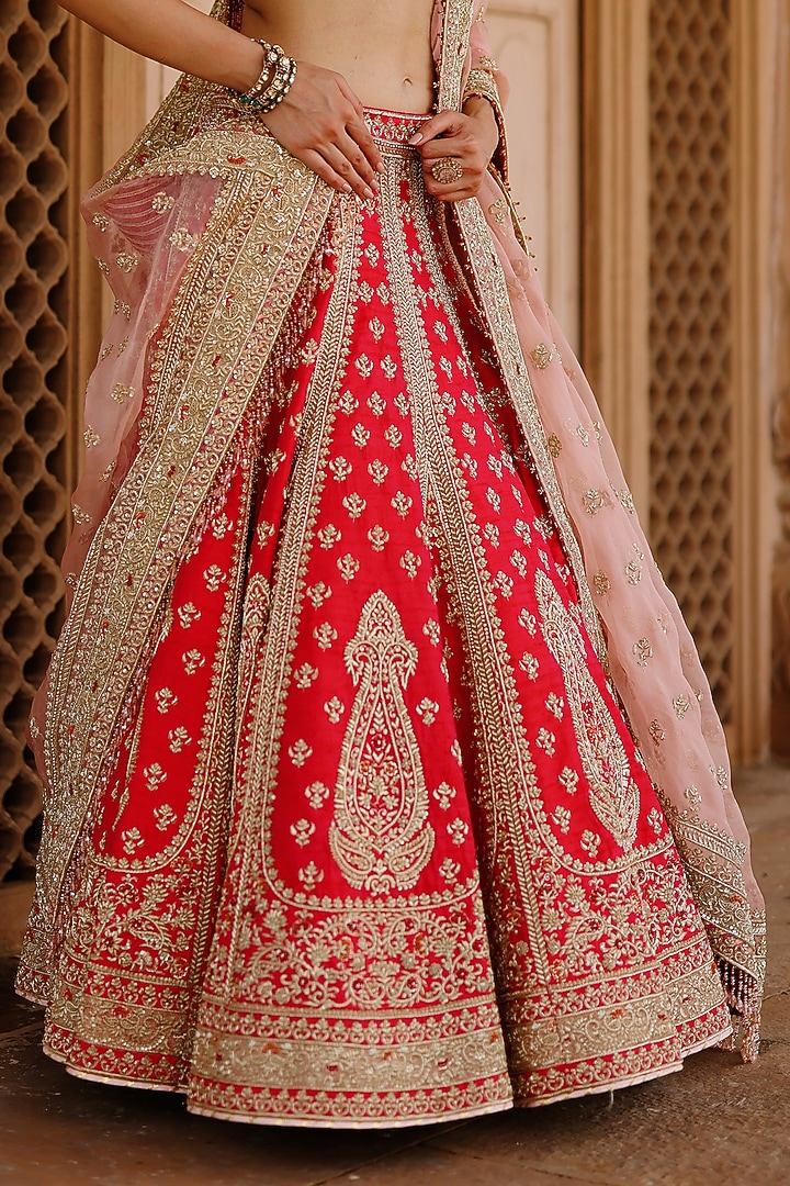 Hot Pink Pure Silk Chanderi Zardosi Embroidered Bridal Bridal Lehenga Set by Sheetal Batra at Pernia's Pop Up Shop