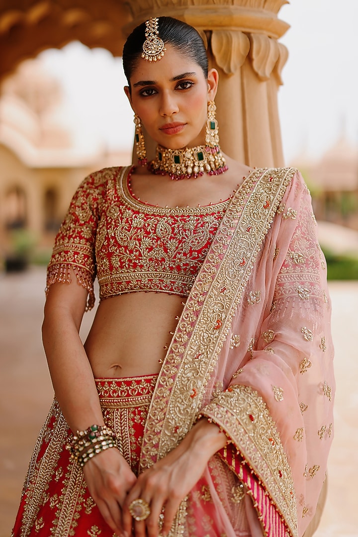 Hot Pink Pure Silk Chanderi Zardosi Embroidered Bridal Bridal Lehenga Set by Sheetal Batra at Pernia's Pop Up Shop