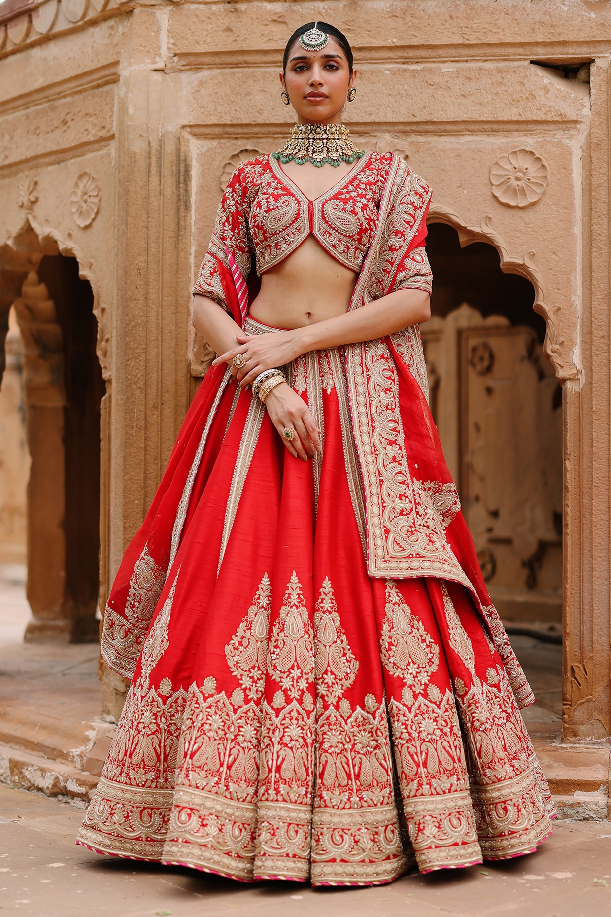 Sheetal Batra Deep Red Pure Silk Chanderi Zardosi Embroidered Bridal Lehenga Set
