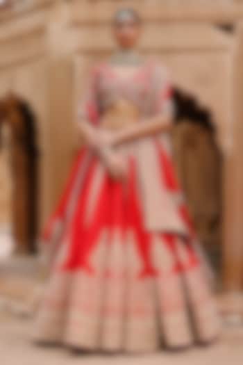 Deep Red Pure Silk Chanderi Zardosi Embroidered Bridal Bridal Lehenga Set by Sheetal Batra at Pernia's Pop Up Shop