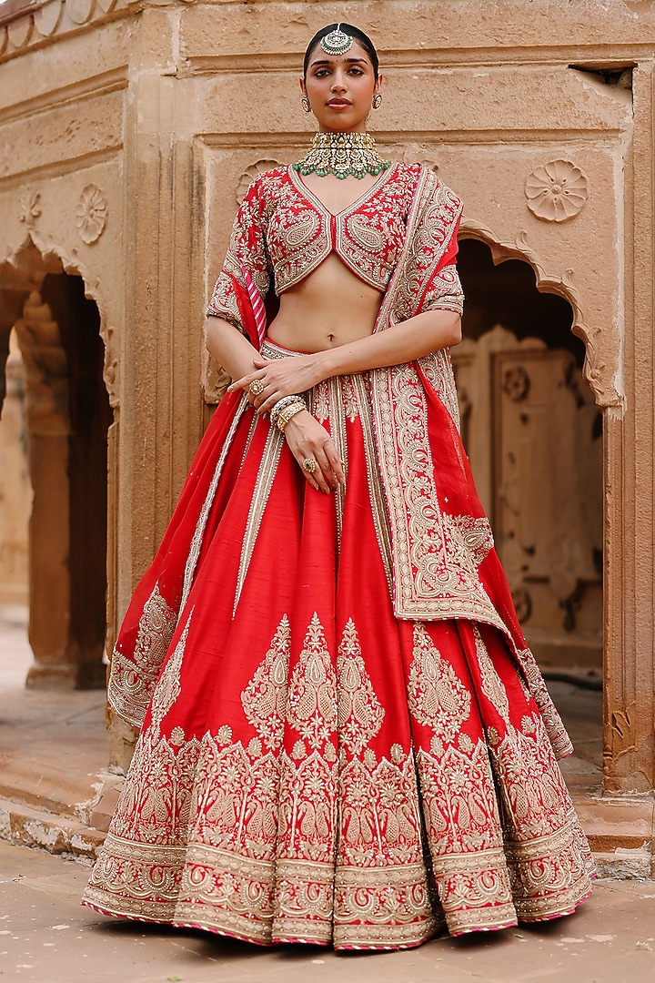 Deep Red Pure Silk Chanderi Zardosi Embroidered Bridal Bridal Lehenga Set by Sheetal Batra at Pernia's Pop Up Shop
