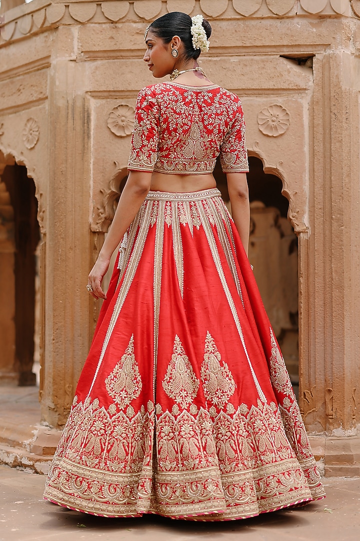 Deep Red Pure Silk Chanderi Zardosi Embroidered Bridal Bridal Lehenga Set by Sheetal Batra at Pernia's Pop Up Shop