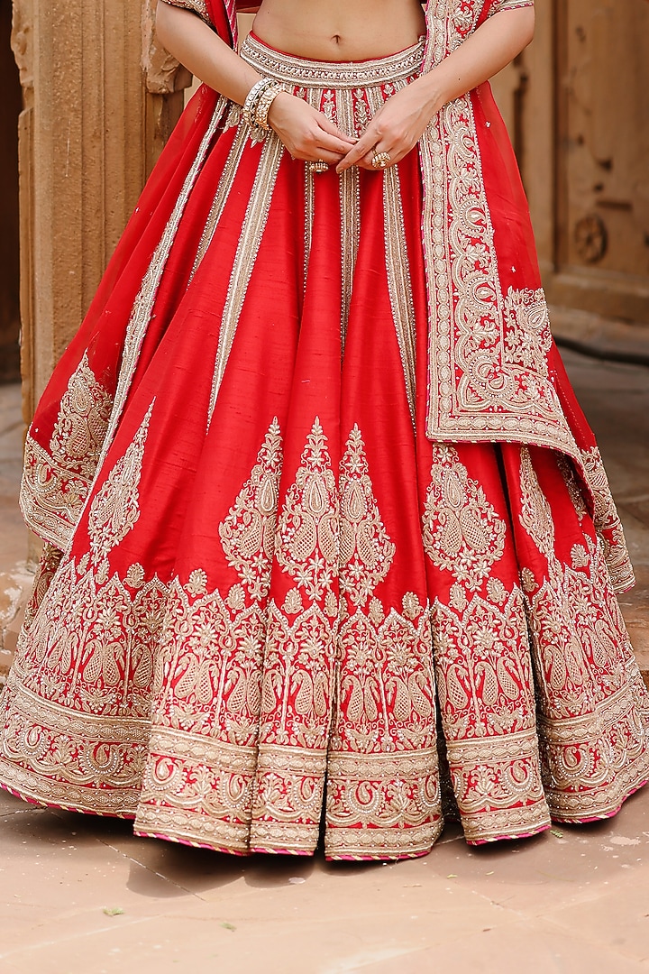 Deep Red Pure Silk Chanderi Zardosi Embroidered Bridal Bridal Lehenga Set by Sheetal Batra at Pernia's Pop Up Shop