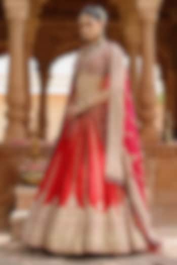 Deep Red Pure Silk Chanderi Zardosi Embroidered Bridal Bridal Lehenga Set by Sheetal Batra at Pernia's Pop Up Shop