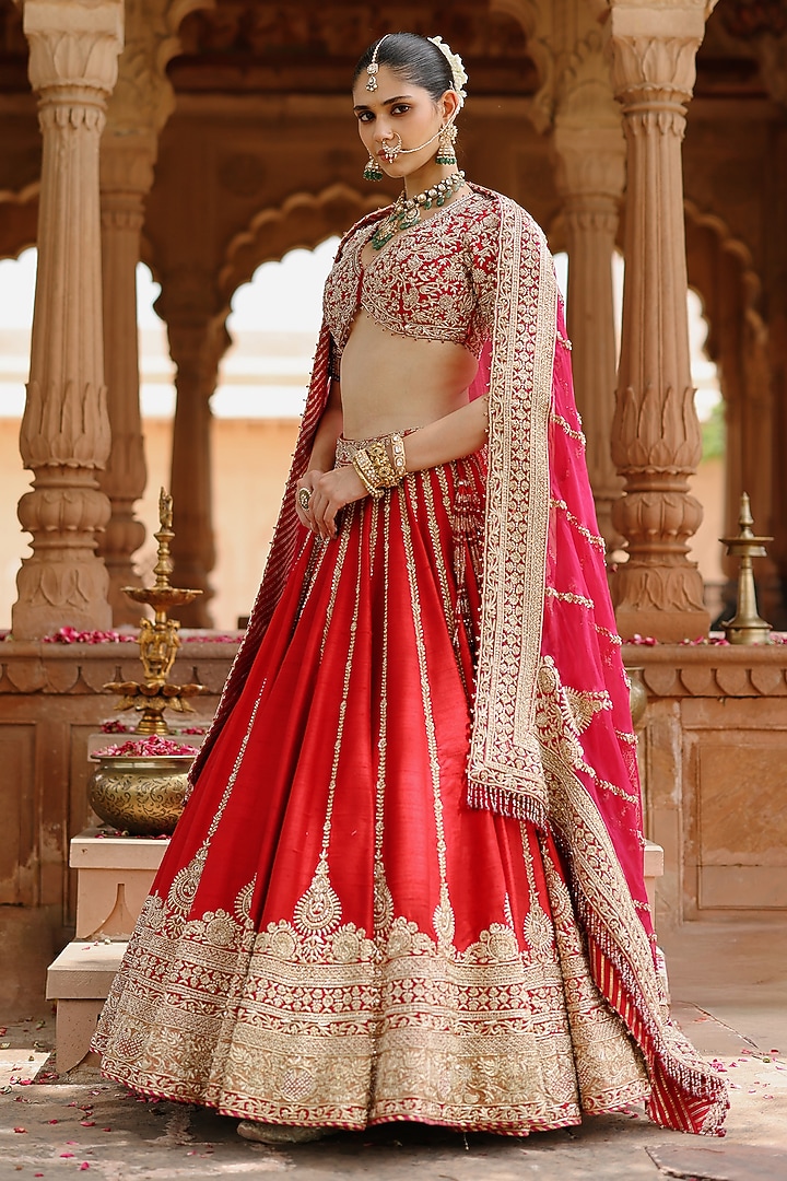 Deep Red Pure Silk Chanderi Zardosi Embroidered Bridal Bridal Lehenga Set by Sheetal Batra at Pernia's Pop Up Shop