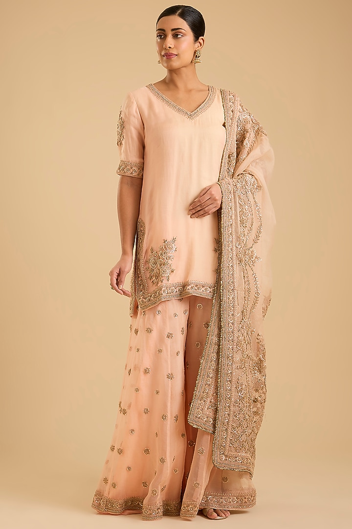 Rose Pink Silk Organza Zardosi Embroidered Bridal Sharara Set by Sheetal Batra at Pernia's Pop Up Shop