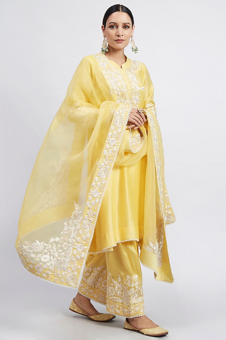 Daffodil Yellow Princess-Cut Embroidered Kurta Set by Sheetal Batra