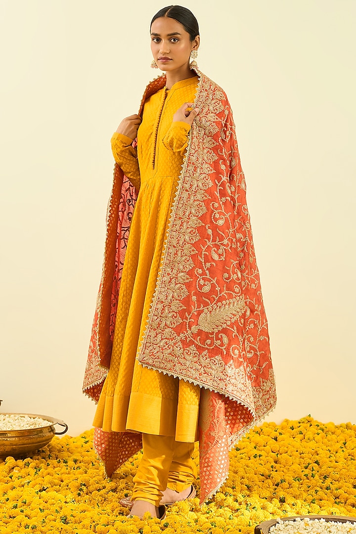 Pumpkin Orange Dupatta With Embroidery by Sheetal Batra