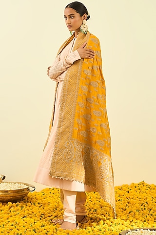 Glaze Mustard Embroidered Dupatta by Sheetal Batra