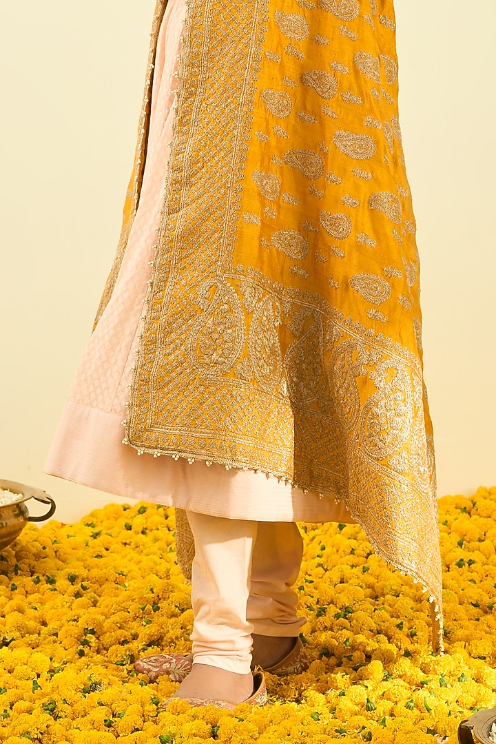 Glaze Mustard Embroidered Dupatta by Sheetal Batra at Pernia's Pop Up Shop