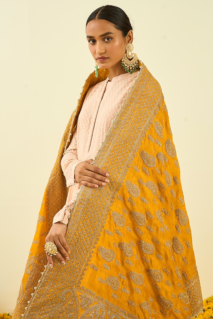 Glaze Mustard Embroidered Dupatta by Sheetal Batra at Pernia's Pop Up Shop
