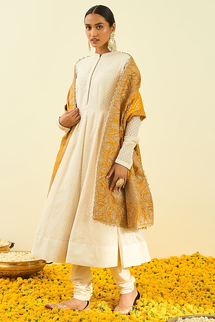 Glaze Mustard Dupatta With Embroidery by Sheetal Batra