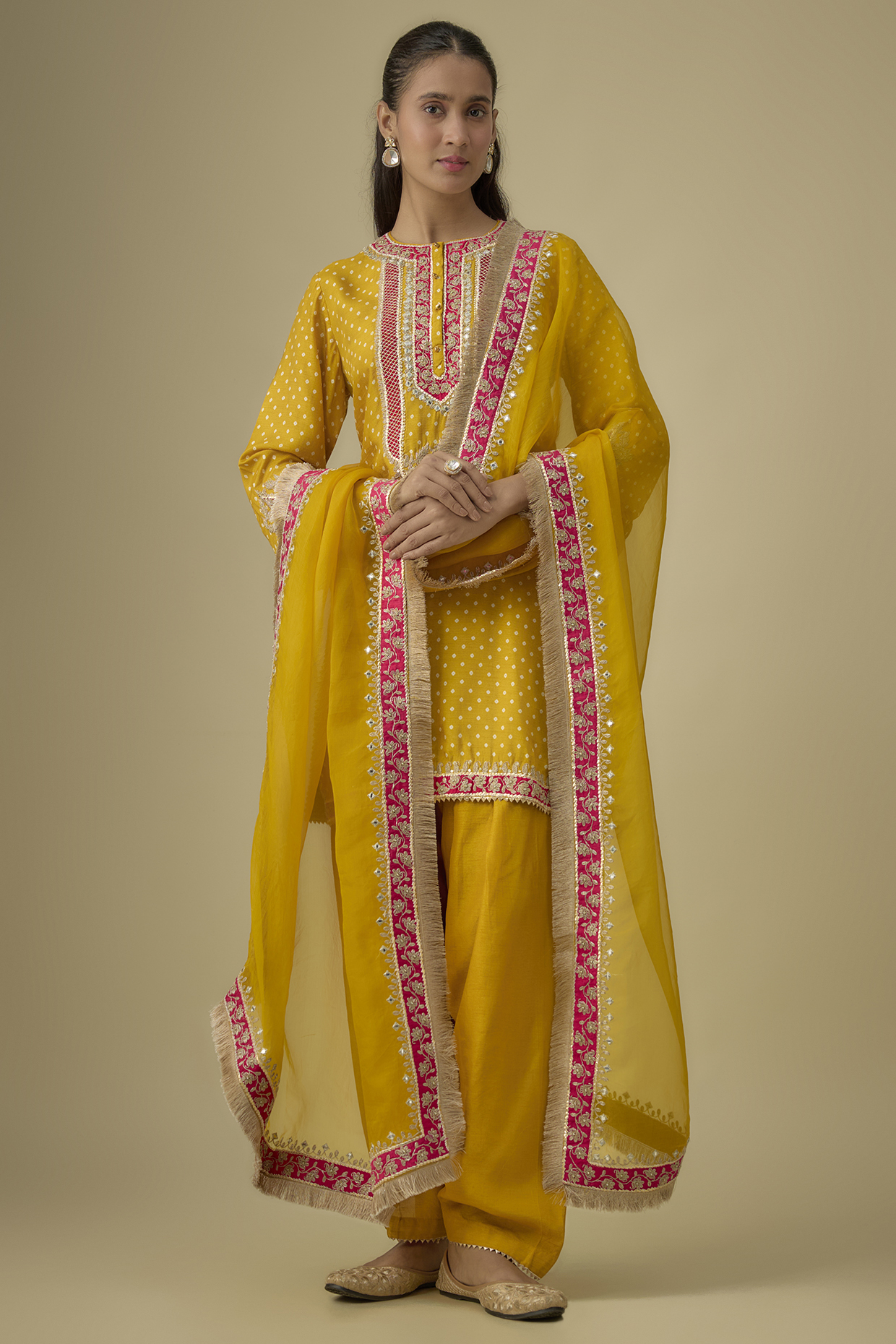 Mustard Yellow Upada Silk Kashmiri Tilla Embroidered Short Kalidar Kurta Set by Sheetal Batra at Pernia's Pop Up Shop