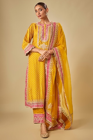 Yellow Upada Silk Kashmiri Tilla Embroidered Bandhej Kurta Set by Sheetal Batra