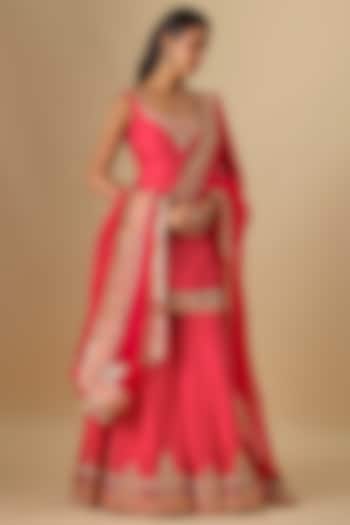 Red Upada Silk Kashmiri Tilla Embroidered Wedding Sharara Set by Sheetal Batra at Pernia's Pop Up Shop