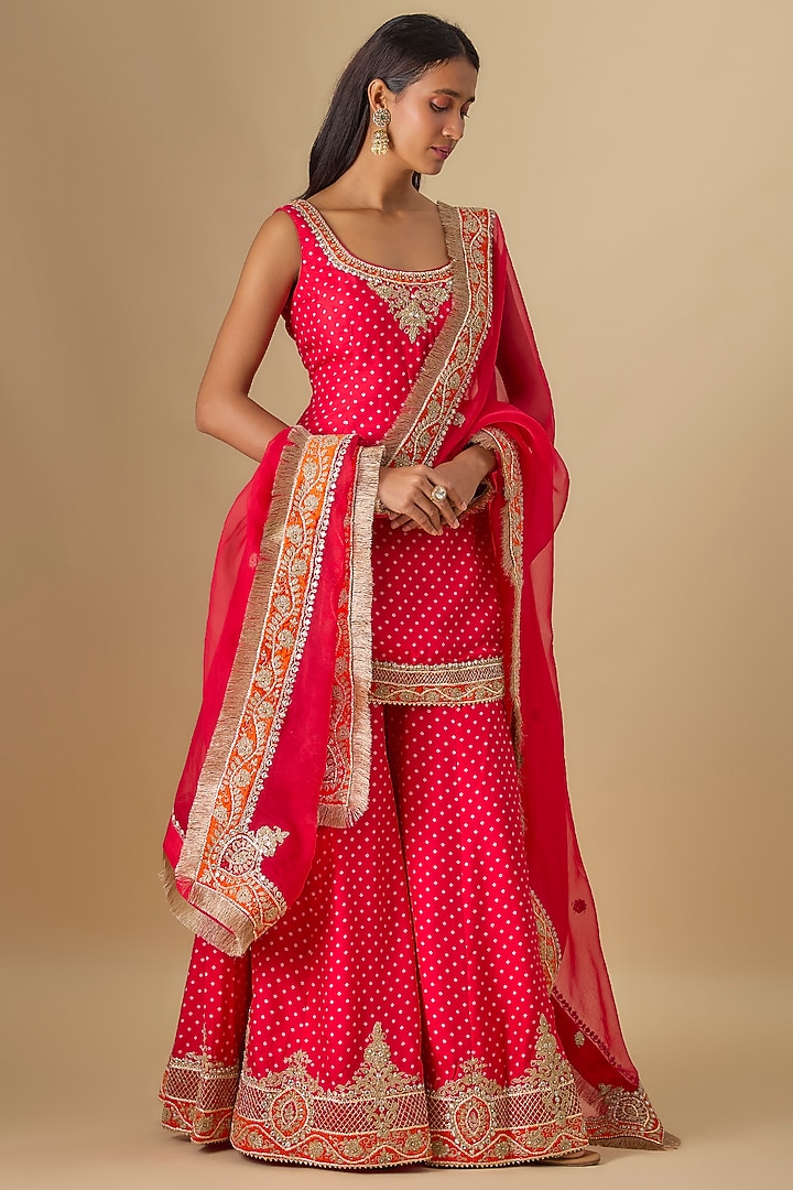 Red Upada Silk Kashmiri Tilla Embroidered Wedding Sharara Set by Sheetal Batra at Pernia's Pop Up Shop