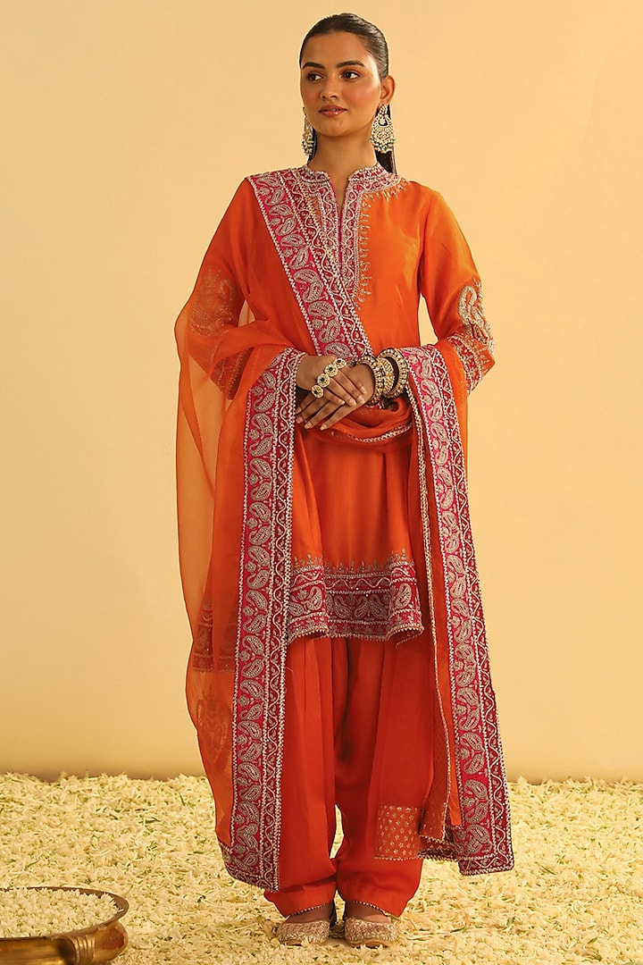 Orange Silk Chanderi Kashmiri Tilla Embroidered A-Line Kurta Set by Sheetal Batra