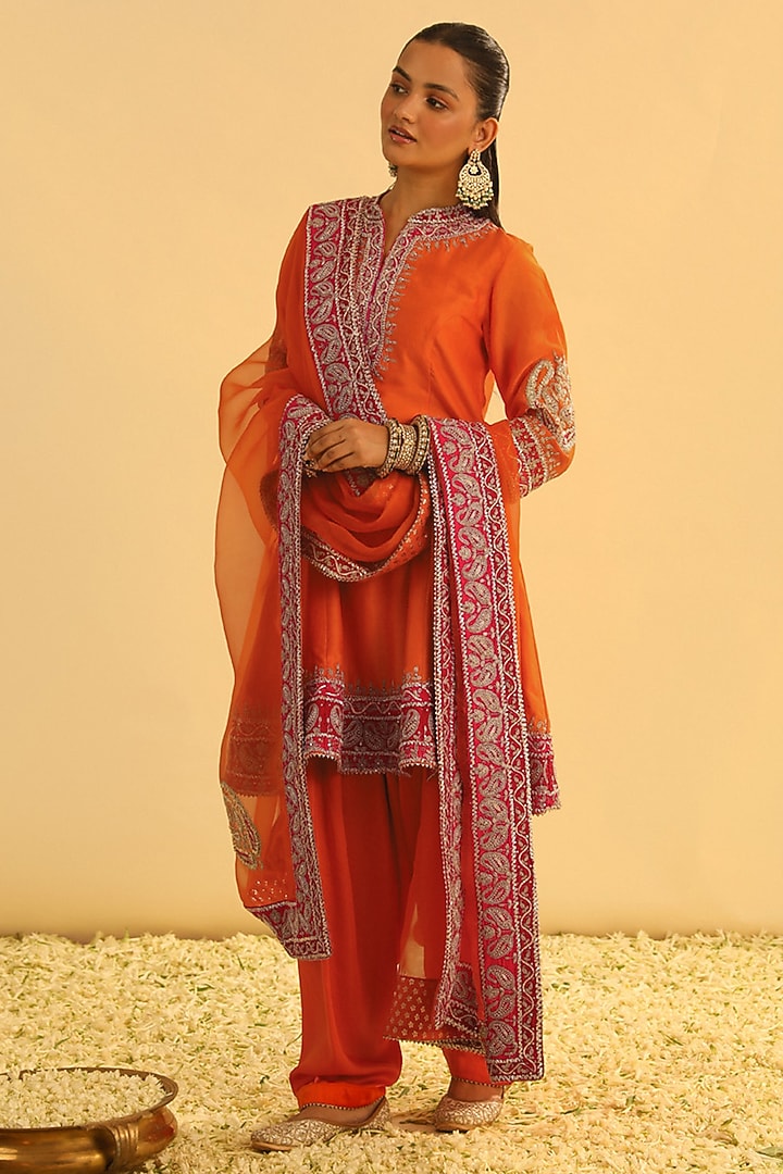 Orange Silk Chanderi Kashmiri Tilla Embroidered A-Line Kurta Set by Sheetal Batra at Pernia's Pop Up Shop