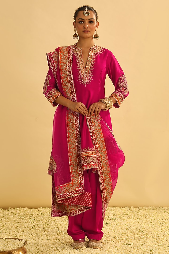 Hot Pink Silk Chanderi Kashmiri Tilla Embroidered A-Line Kurta Set by Sheetal Batra