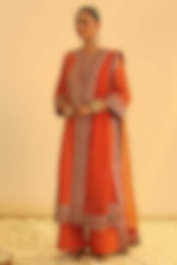 Orange Silk Chanderi Kashmiri Tilla Embroidered Kurta Set by Sheetal Batra