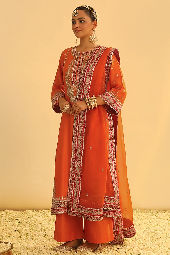 Orange Silk Chanderi Kashmiri Tilla Embroidered Kurta Set by Sheetal Batra