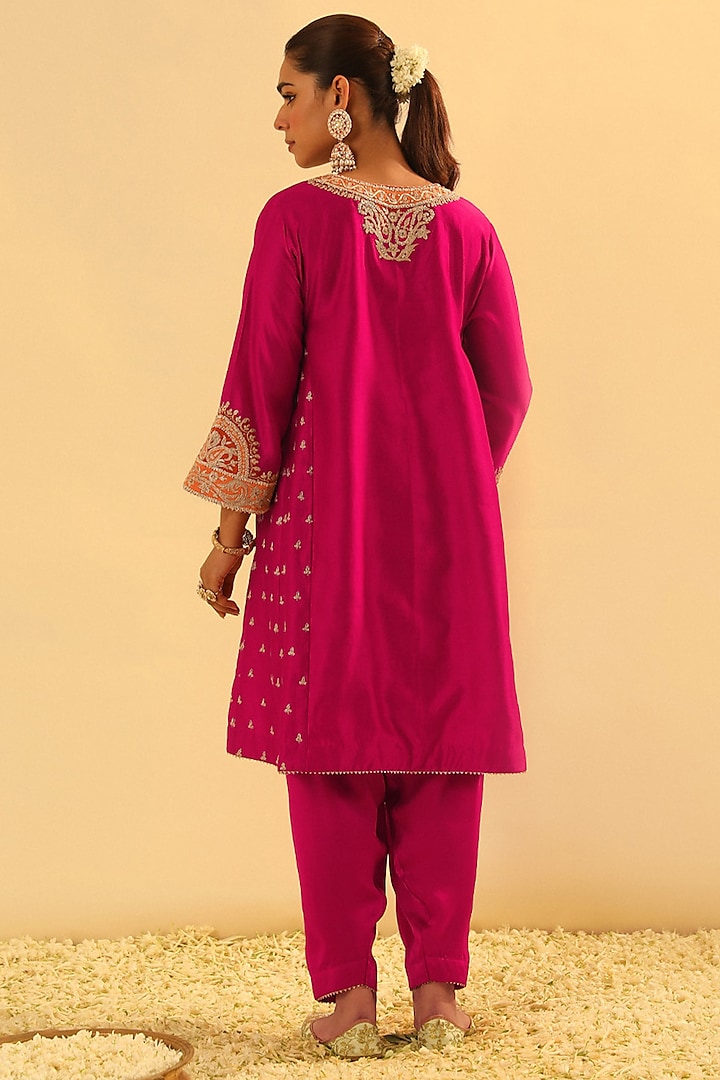 Hot Pink Silk Chanderi Kashmiri Tilla Embroidered Kalidar Kurta Set by Sheetal Batra at Pernia's Pop Up Shop