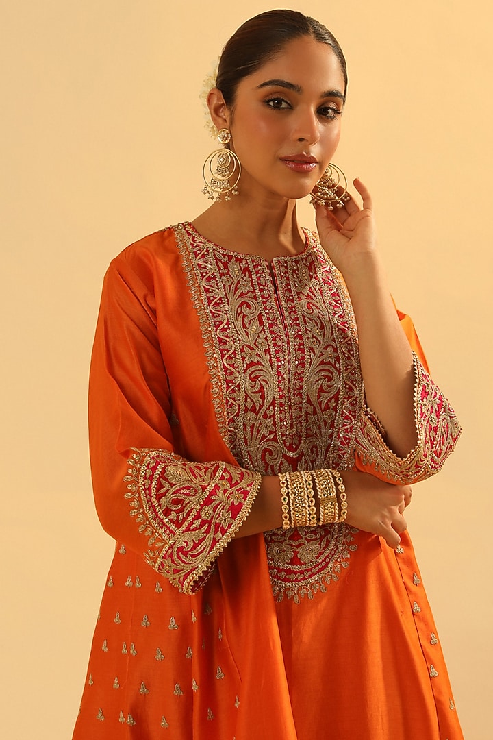 Orange Silk Chanderi Kashmiri Tilla Embroidered Kalidar Kurta Set by Sheetal Batra at Pernia's Pop Up Shop
