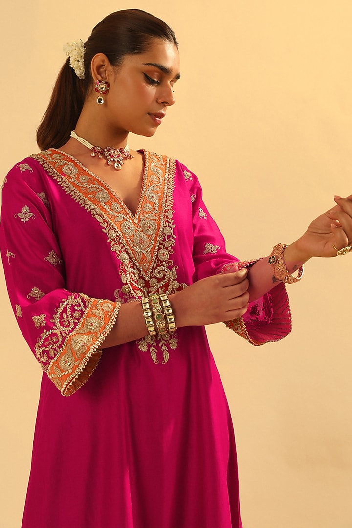 Hot Pink Silk Chanderi Kashmiri Tilla Embroidered A-Line Kurta Set by Sheetal Batra at Pernia's Pop Up Shop