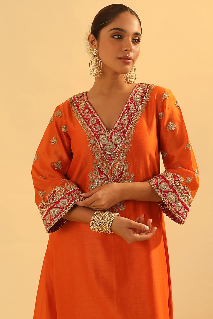 Orange Silk Chanderi Kashmiri Tilla Embroidered A-Line Kurta Set by Sheetal Batra at Pernia's Pop Up Shop