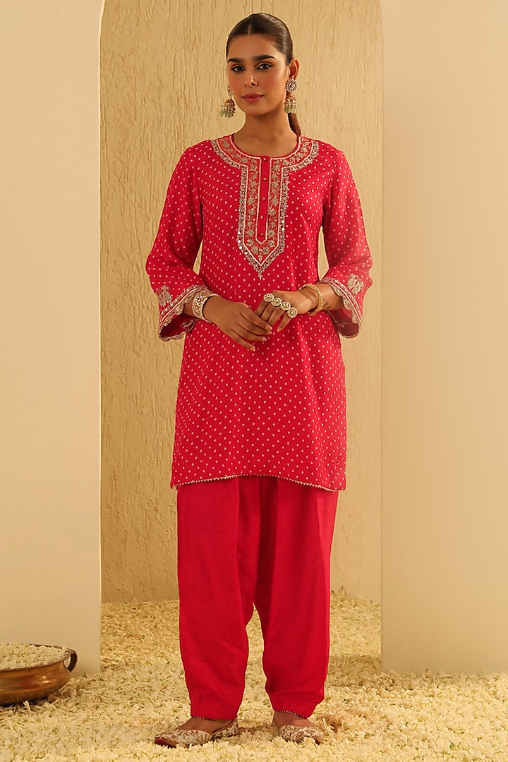 Red Upada Silk Pearl Embellished Bandhej Kurta Set by Sheetal Batra