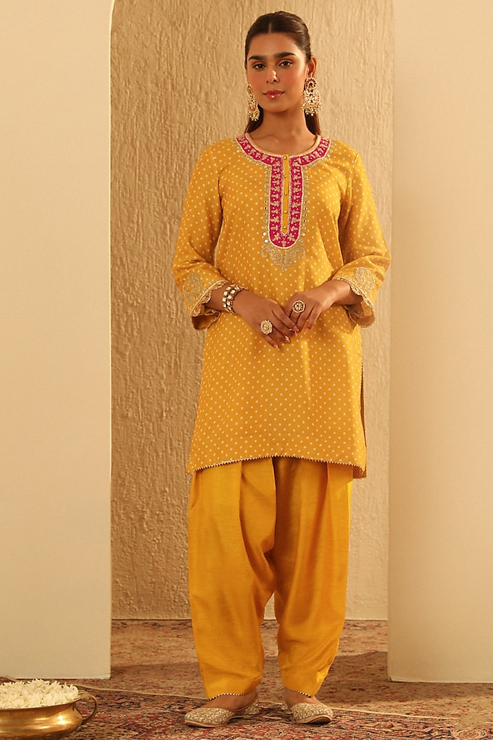 Mustard Upada Silk Pearl Embellished Bandhej Kurta Set by Sheetal Batra