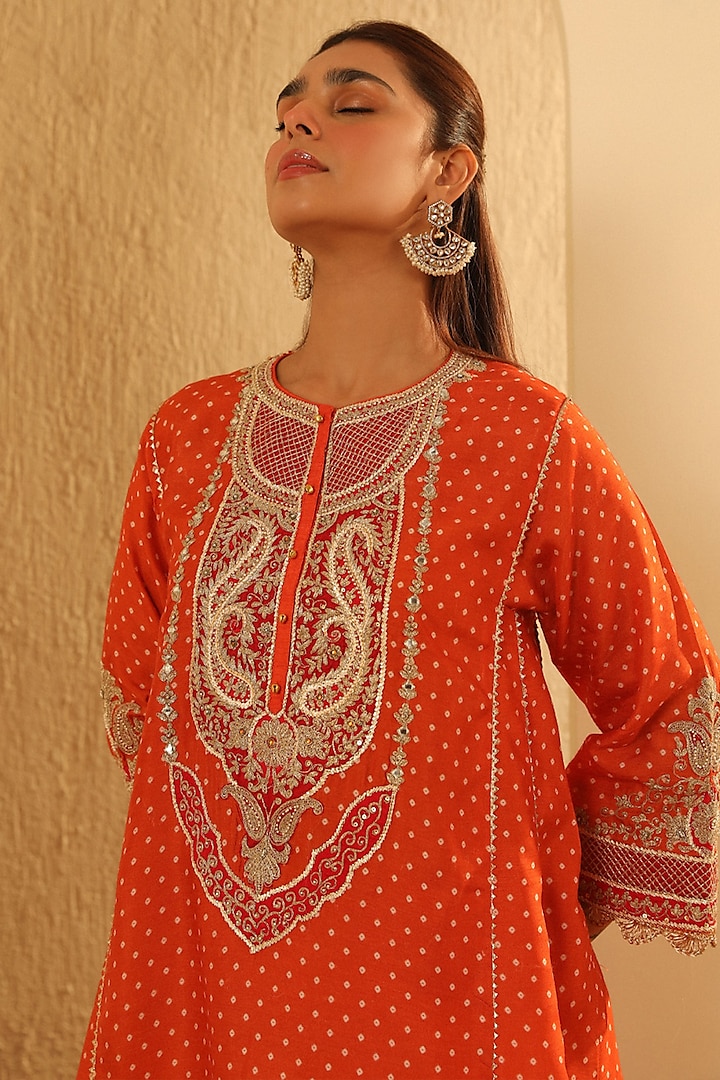 Orange Upada Silk Pearl Embellished Bandhej Short Choga Kurta Set by Sheetal Batra at Pernia's Pop Up Shop