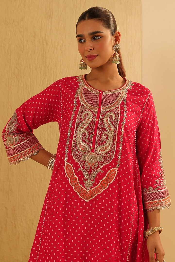 Red Upada Silk Pearl Embellished Bandhej Short Choga Kurta Set by Sheetal Batra at Pernia's Pop Up Shop