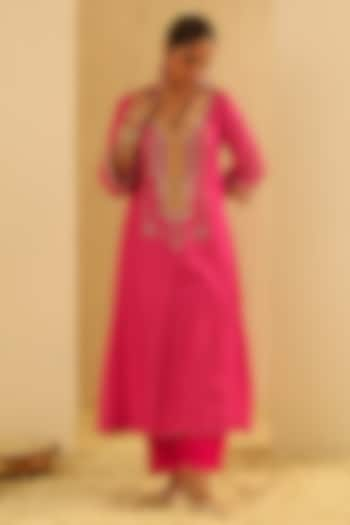 Hot Pink Upada Silk Pearl Embellished Bandhej Long Choga Kurta Set by Sheetal Batra