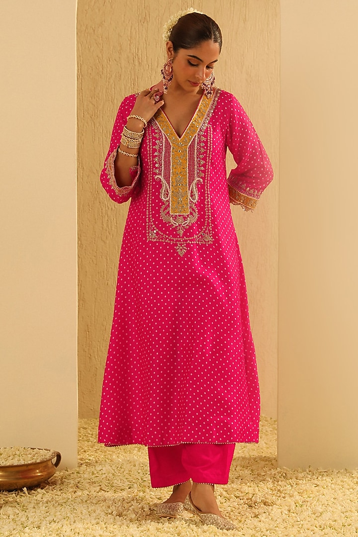 Hot Pink Upada Silk Pearl Embellished Bandhej Long Choga Kurta Set by Sheetal Batra