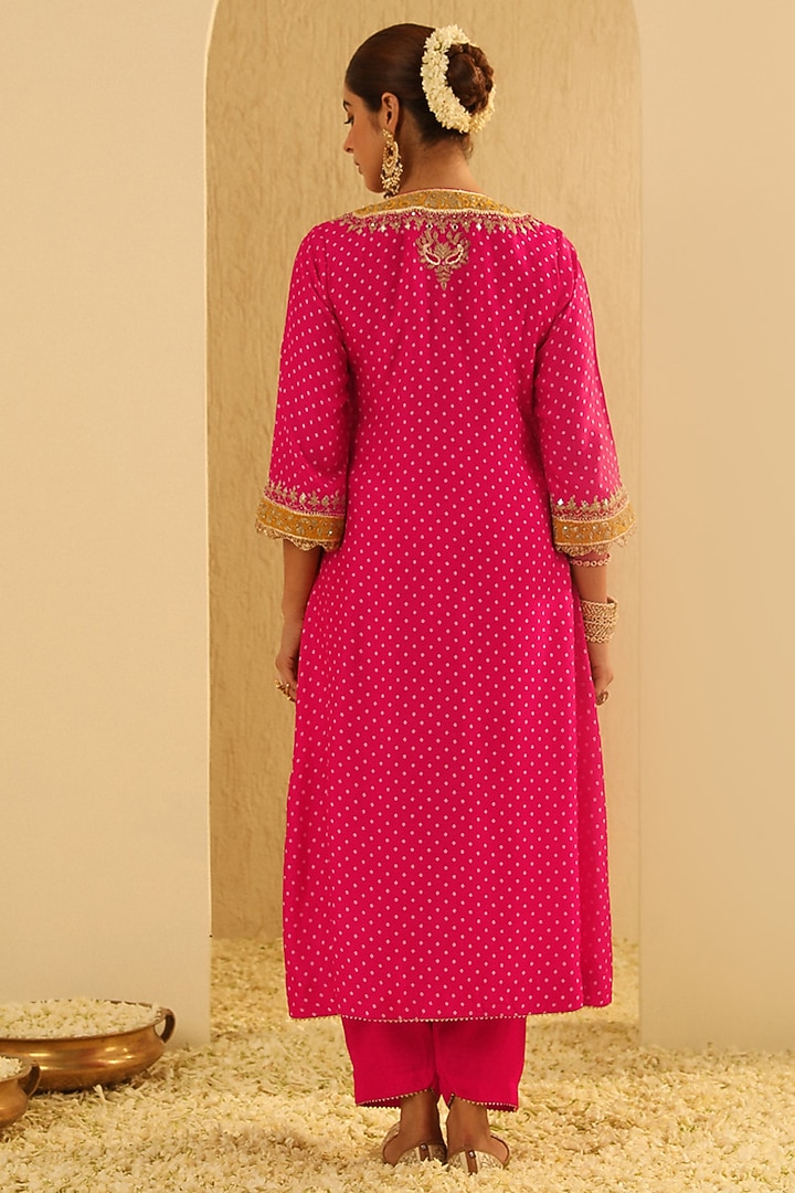 Hot Pink Upada Silk Pearl Embellished Bandhej Long Choga Kurta Set by Sheetal Batra at Pernia's Pop Up Shop