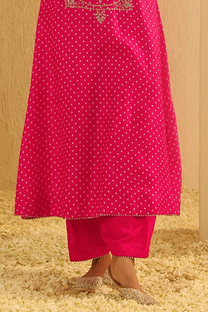 Hot Pink Upada Silk Pearl Embellished Bandhej Long Choga Kurta Set by Sheetal Batra at Pernia's Pop Up Shop
