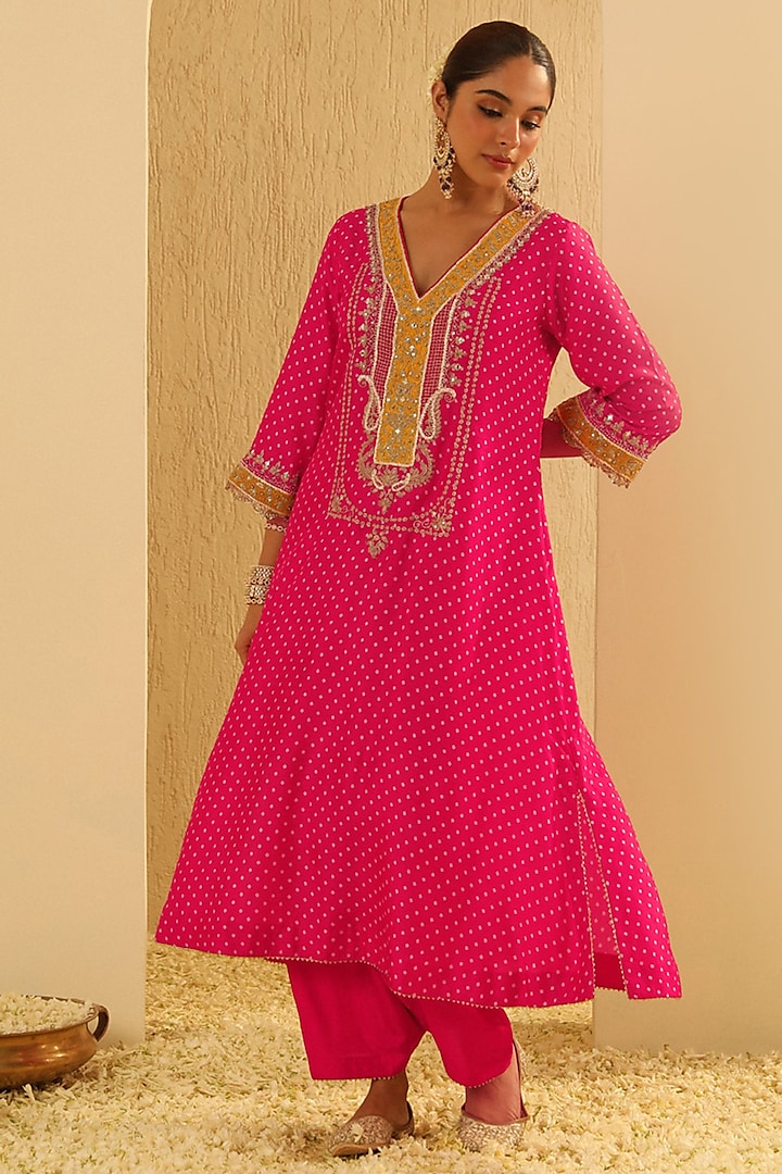 Hot Pink Upada Silk Pearl Embellished Bandhej Long Choga Kurta Set by Sheetal Batra at Pernia's Pop Up Shop