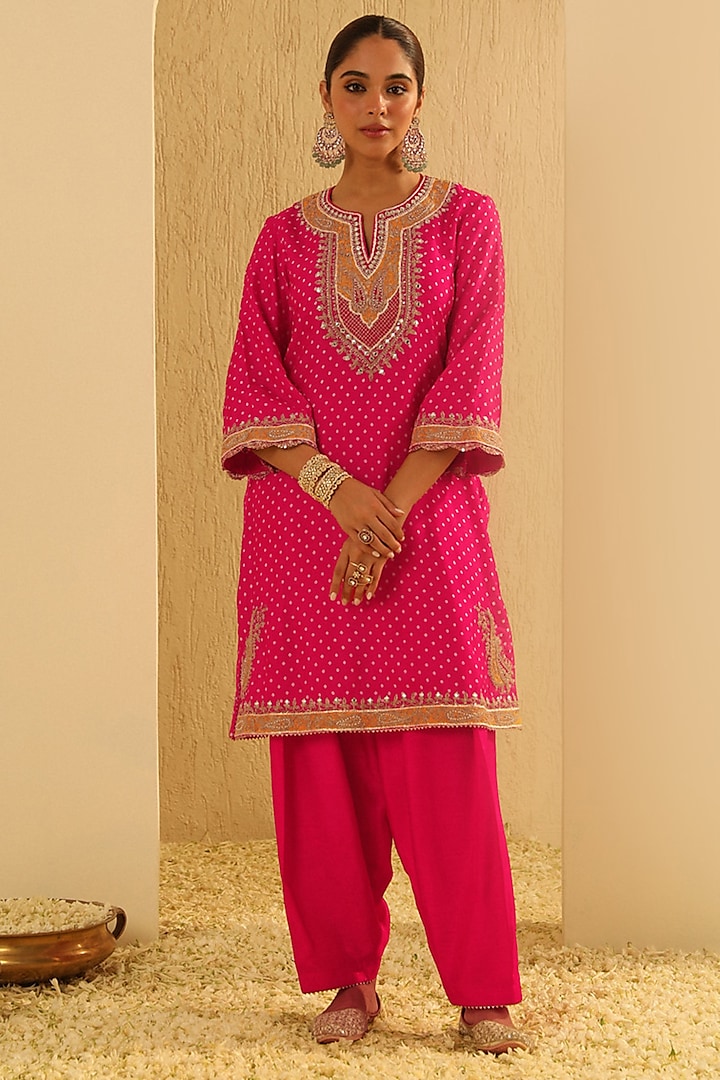 Hot Pink Upada Silk Pearl Embellished Bandhej Short Kurta Set by Sheetal Batra