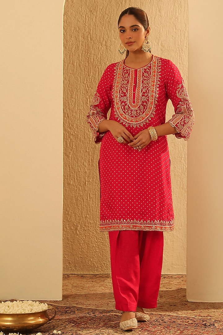 Red Upada Silk Pearl Embellished Bandhej Short Kurta Set by Sheetal Batra