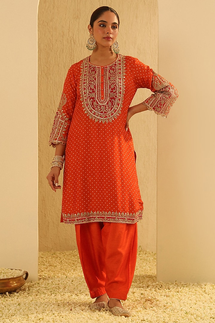 Orange Upada Silk Pearl Embellished Bandhej Short Kurta Set by Sheetal Batra