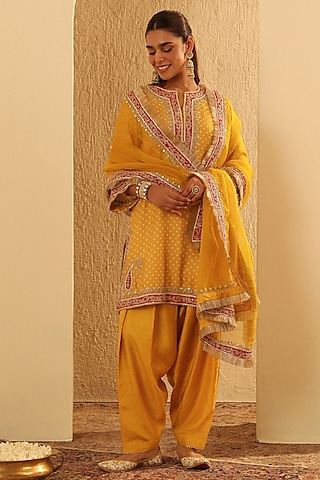 Mustard Upada Silk Sequin Embellished Bandhej Short Kurta Set by Sheetal Batra