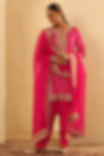 Hot Pink Upada Silk Sequin Embellished Bandhej Short Kurta Set by Sheetal Batra