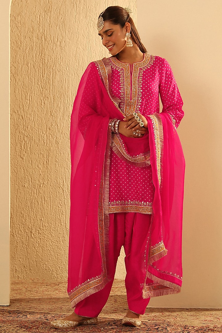 Hot Pink Upada Silk Sequin Embellished Bandhej Short Kurta Set by Sheetal Batra