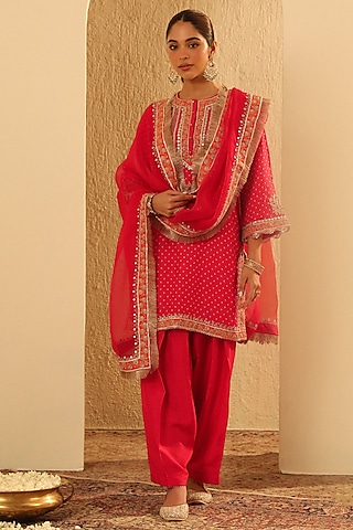 Red Upada Silk Sequin Embellished Bandhej Short Kurta Set by Sheetal Batra