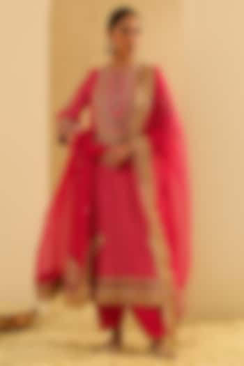 Hot Pink Upada Silk Pearl Embellished Bandhej Long A-Line Kurta Set by Sheetal Batra at Pernia's Pop Up Shop