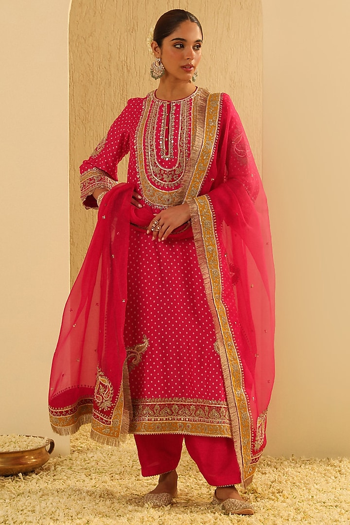 Hot Pink Upada Silk Pearl Embellished Bandhej Long A-Line Kurta Set by Sheetal Batra at Pernia's Pop Up Shop